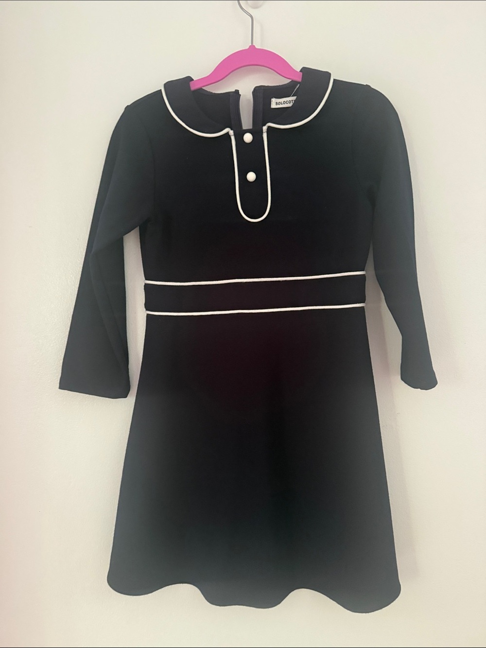 Navy Long-Sleeve Girls Dress with White Trim